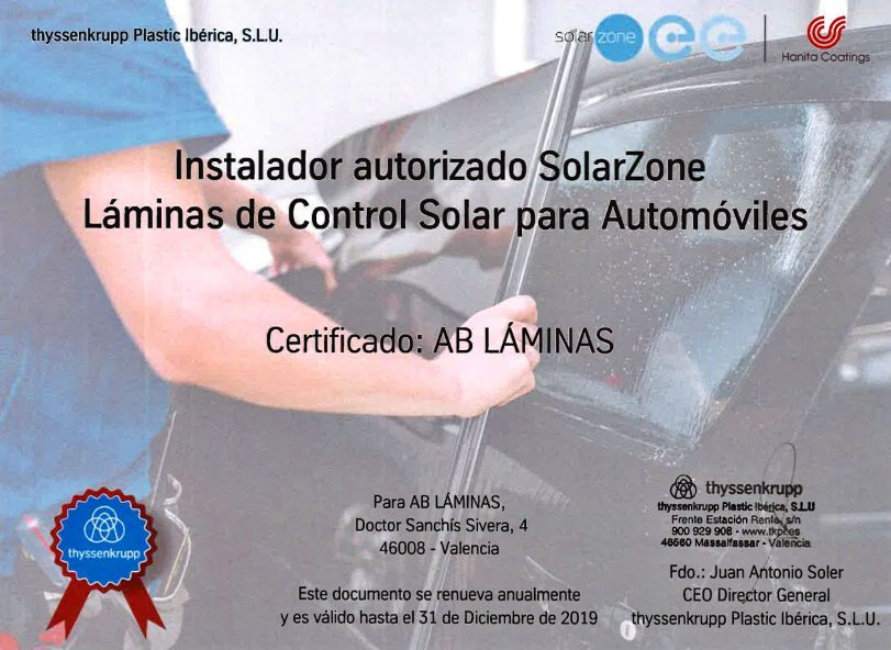 Certificado Thyssenkrupp laminas solares automoviles tintado web