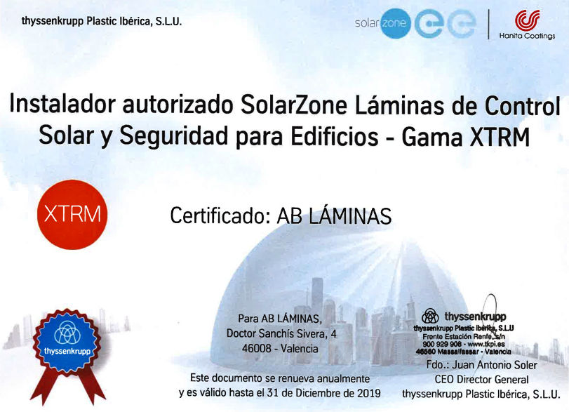 Certificado Thyssenkrupp laminas solares seguridad XTRM web